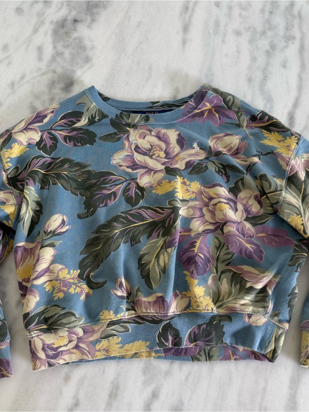 Polo by Ralph Lauren Blue Floral Cropped Sweatshirt with Purple & Yellow Blooms